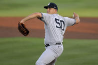 New York Yankees starting pitcher Jameson Taillon throws to a Toronto Blue Jays batter during the first inning of a baseball game Tuesday, April 13, 2021, in Dunedin, Fla. (AP Photo/Mike Carlson)