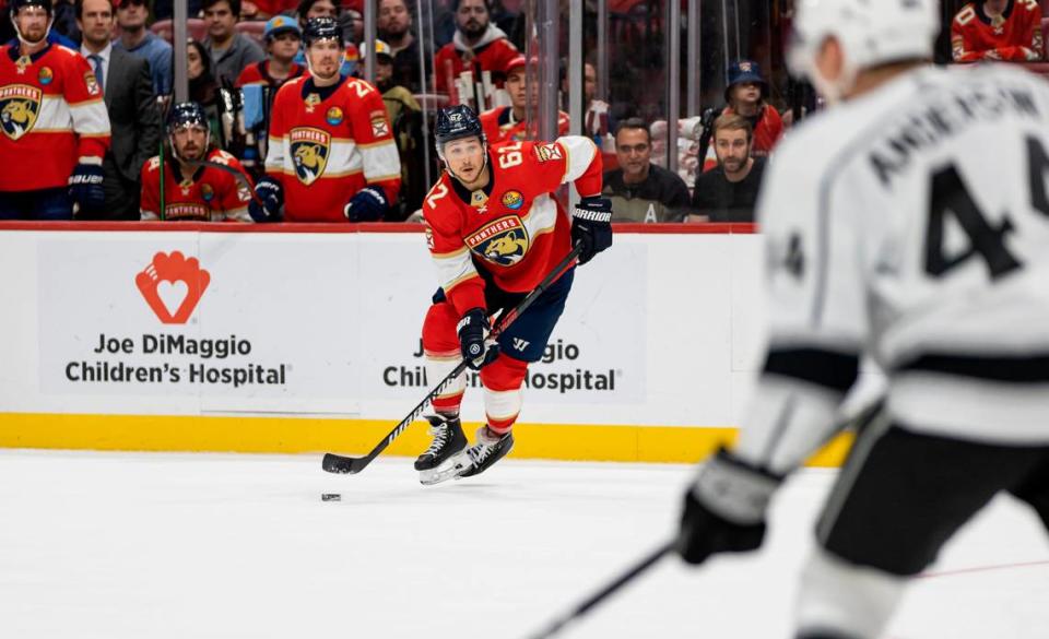 Florida Panthers defenseman Brandon Montour (62) looks to take a shot against the Los Angeles Kings during the second period of an NHL game at the FLA Live Arena on Friday, Jan. 27, 2023, in Sunrise, Fla.