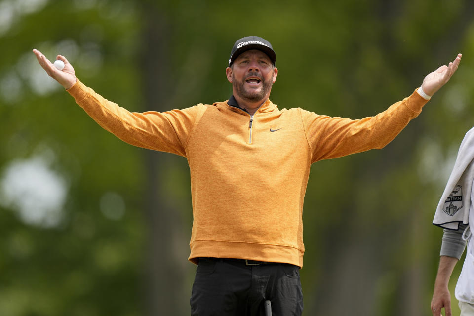 Michael Block reacts after his second round at the PGA Championship golf tournament at Oak Hill Country Club on Friday, May 19, 2023, in Pittsford, N.Y. (AP Photo/Eric Gay)