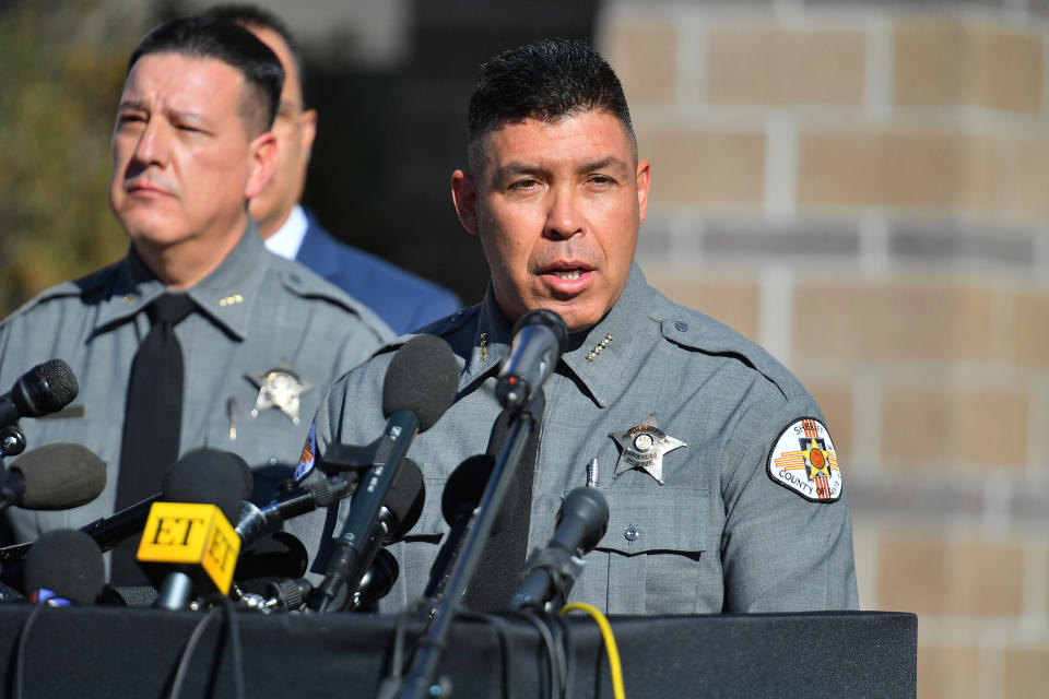 Santa Fe County Sheriff Adan Mendoza speaks during a press conference at the Santa Fe County Public Safety Building to update members of the media on the shooting accident on the set of the movie 