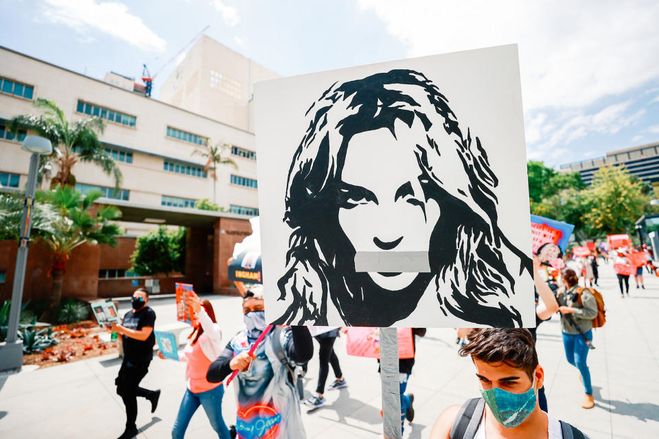 #FreeBritney activists protest outside a courthouse in Los Angeles during a conservatorship hearing on April 27, 2021.