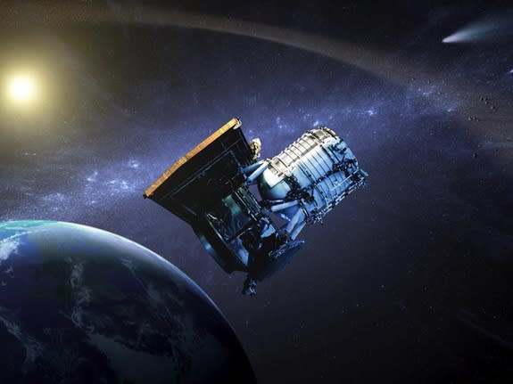 An artist's concept showing the Wide-field Infrared Survey Explorer, or WISE spacecraft, in its orbit around Earth.