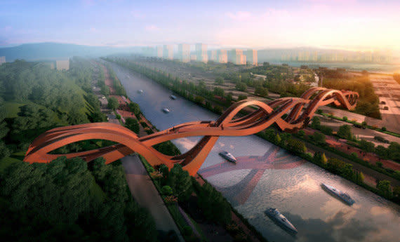 Why craft boring suspension bridges or arched overpasses when humanity is capable of building massive architectural feats like this to cross a river? The impressive, undulating design, destined to function as a pedestrian footbridge over the Dragon King Harbour River in China, is the product of NEXT Architects. The bridge design involves three individual, swirling lanes hovering over the picturesque landscape of Changsha.<br>  The rendering won an international competition associated with a new public park in the area last year, and the project is currently under construction. “The construction with the intersecting connections is based on the principal of the Möbius ring,” states Michel Schreinemachers on the NEXT website. “On the other hand it refers to a Chinese knot that comes from an ancient decorative Chinese folk art,” John van de Water adds.