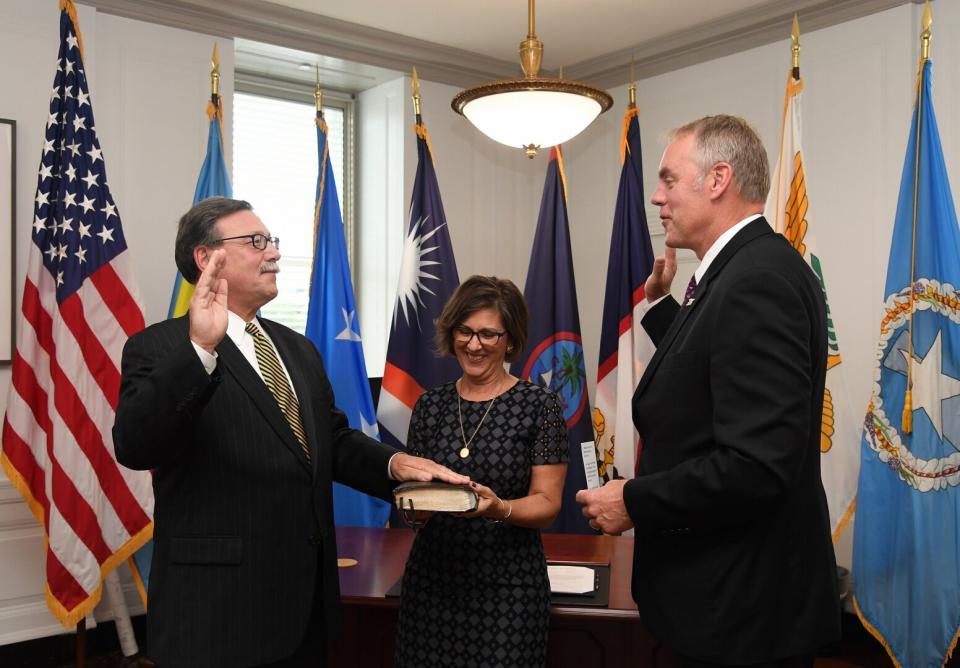 Assistant Interior Secretary Douglas Domenech (left) is a close friend of Interior Secretary David Bernhardt, and has violated ethics rules at least twice. (Photo: Department of the Interior)