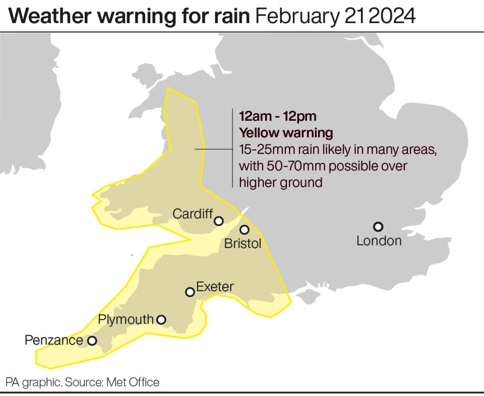 A yellow weather warning for rain is in place for Wednesday. (PA)