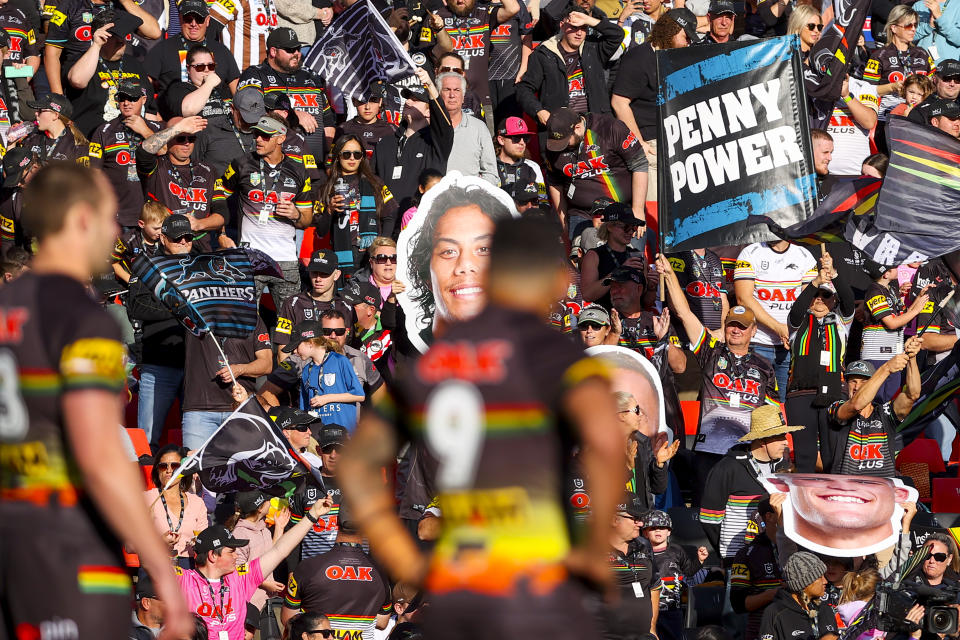 Penrith Panthers fans show support during the Round 12 NRL match between the Penrith Panthers and the Canterbury Bulldogs at Bluebet Stadium in Sydney in May. Source: AAP