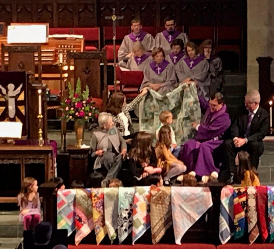 The blessing of the quilts takes place at St. Paul United Methodist Church in Louisville, KY in March of 2020. Members of the congregation sewed quilts for Project Linus, which provides handmade blankets to children who are seriously ill, traumatized or in need.