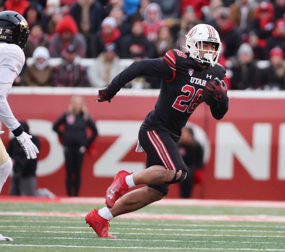 Utah Utes safety Sione Vaki (28) runs against the Colorado Buffaloes in Salt Lake City on Saturday, Nov. 25, 2023. Utah won 23-17. | Jeffrey D. Allred, Deseret News