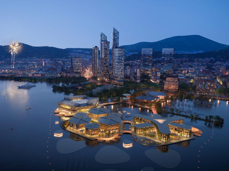 Busan floating city mockup: aerial view at night