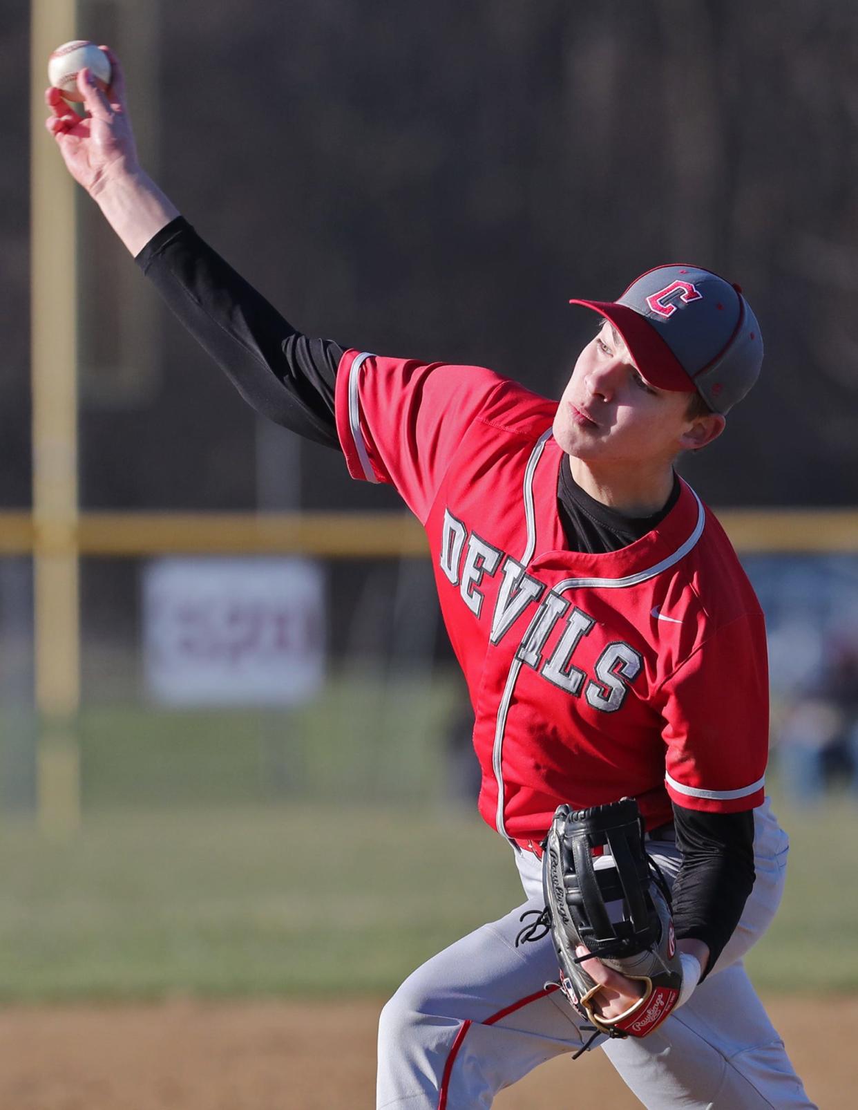 Crestwood's Charlie Sommer pitches in relief against Waterloo during their baseball game at Waterloo High School in Atwater on Friday, March 29, 2024.