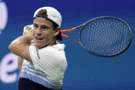Diego Schwartzman, of Argentina, watches a return to Rafael Nadal, of Spain, during the quarterfinals of the U.S. Open tennis tournament Wednesday, Sept. 4, 2019, in New York. (AP Photo/Seth Wenig)