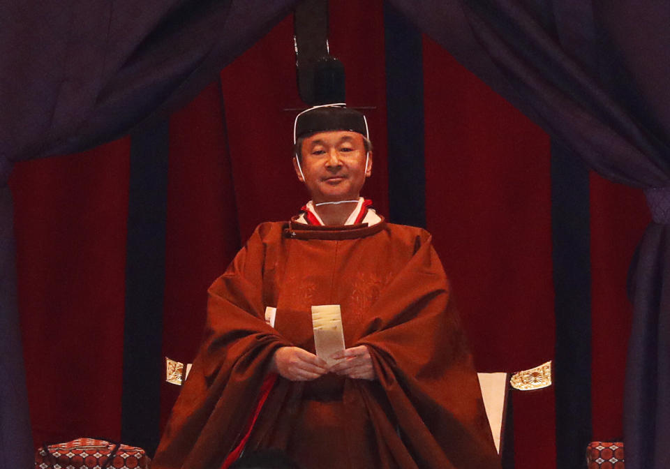 Japan's Emperor Naruhito attends a ceremony to proclaim his enthronement to the world, called Sokuirei-Seiden-no-gi, at the Imperial Palace in Tokyo, Japan, Tuesday, Oct. 22, 2019. (Issei Kato/Pool Photo via AP)