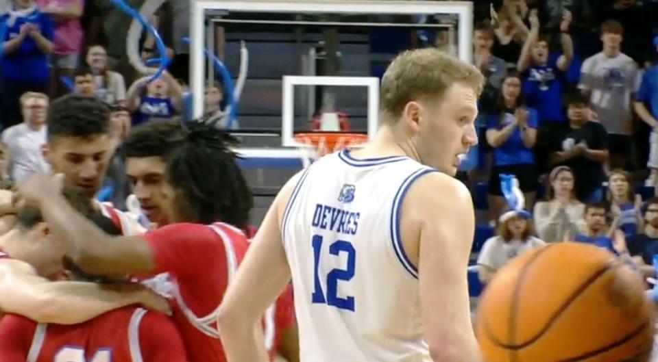Drake star Tucker DeVries had 23 points in the first half on the way to helping the Bulldogs beat the Bradley Braves, 74-66, in the Missouri Valley Conference regular-season finale at Knapp Center on Sunday, March 3, 2024.