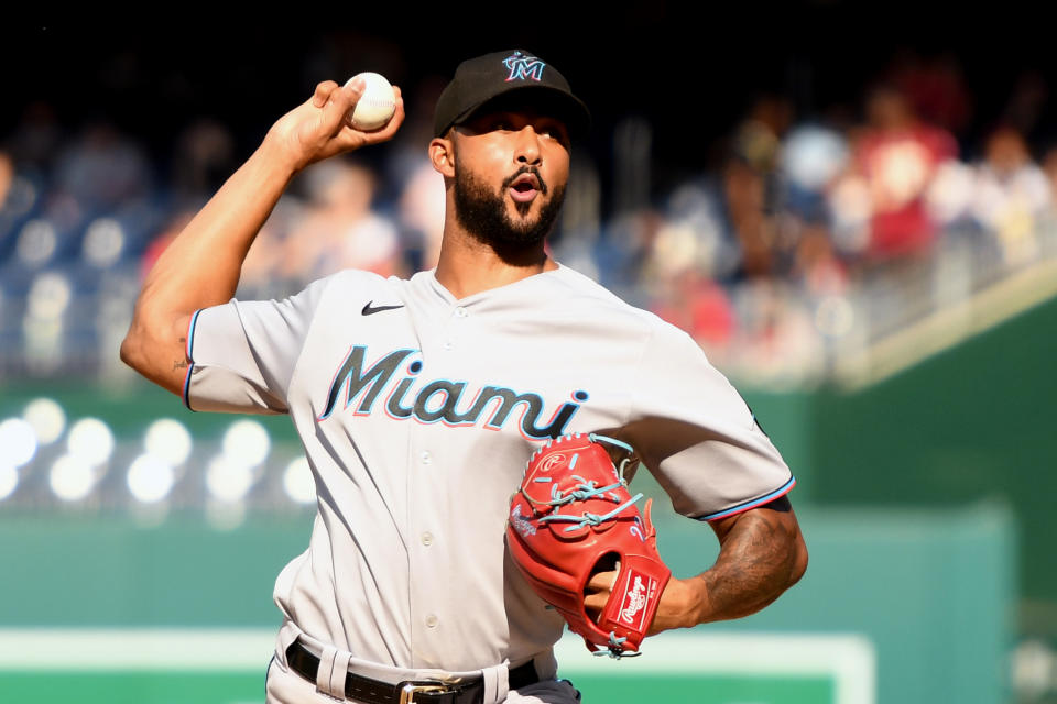 WASHINGTON, DC - SEPTEMBER 18: Sandy Alcantara #22 of the Miami Marlins pitches in the ninth inning against the Washington Nationals at Nationals Parks on September 18, 2022 in Washington, DC.  (Photo by Mitchell Layton/Getty Images)