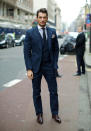 <b>David Gandy</b><br><br>Mollie King's ex shows off his street style at London Collections: Men in a navy suit and tan brogue shoes.
