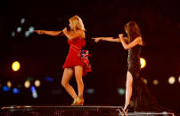 LONDON, ENGLAND - AUGUST 12: Emma Bunton and Victoria Beckham of the Spice Girls performs during the Closing Ceremony on Day 16 of the London 2012 Olympic Games at Olympic Stadium on August 12, 2012 in London, England. (Photo by Pascal Le Segretain/Getty Images)