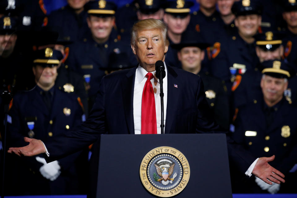 President Donald Trump delivers remarks about his proposed U.S. government effort against the street gang Mara Salvatrucha, or MS-13, to a gathering of federal, state and local law enforcement officials in Brentwood, New York on July 28. (Photo: Jonathan Ernst / Reuters)