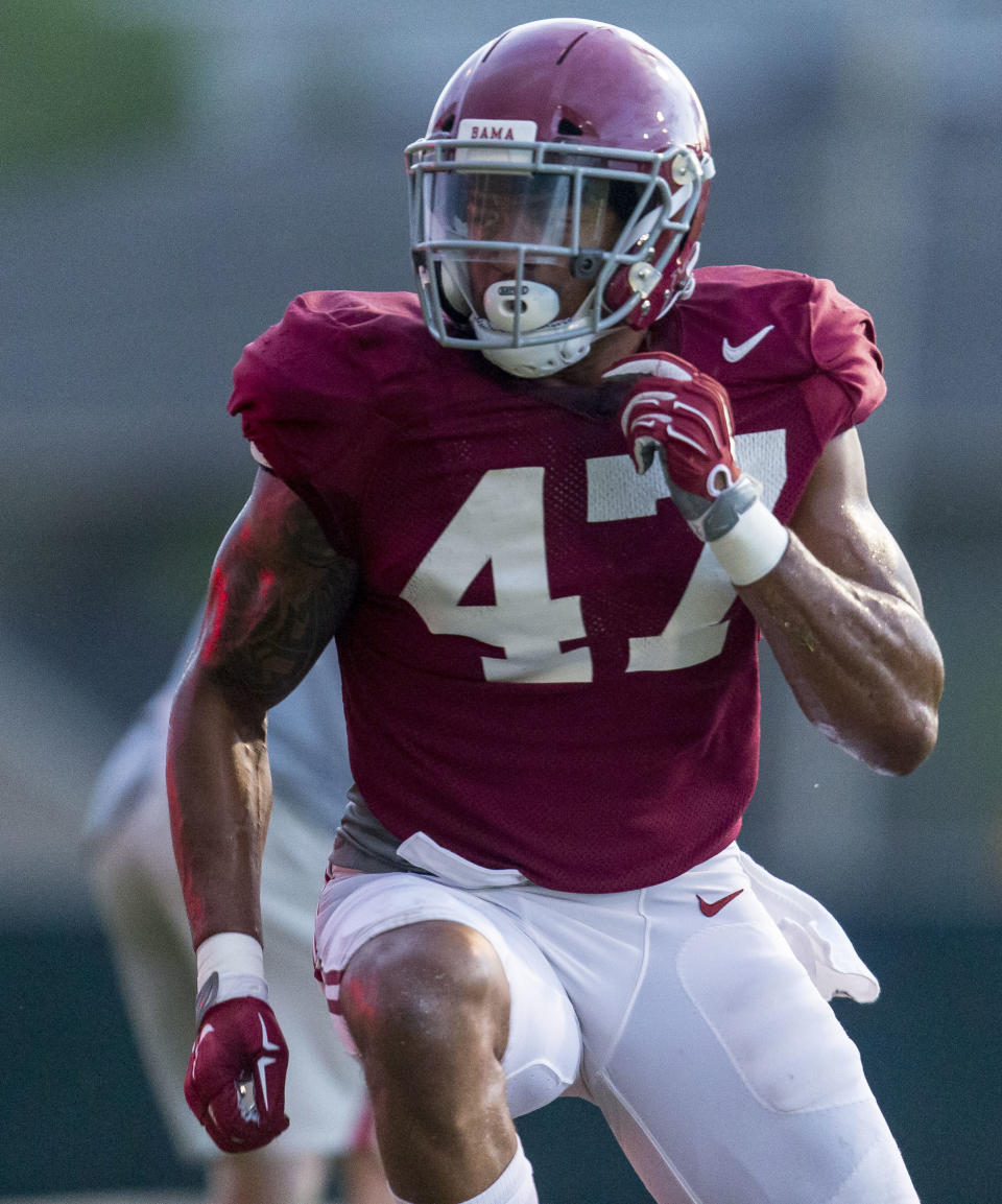 Christian Miller works through drills during football practice, Wednesday, Aug. 9, 2017, at the Thomas-Drew Practice Fields in Tuscaloosa, Ala. (Vasha Hunt/AL.com via AP)