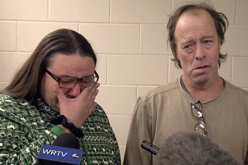 In this image taken from video, Shena Sandefur (left), the mother of Valerie Tindall, cries while speaking to reporters Wednesday, Nov. 29, 2023, in Rushville, Ind. A coroner has identified remains discovered in a box as belonging to Tindall. A 59-year-old man is charged in her death. (WRTV via AP)