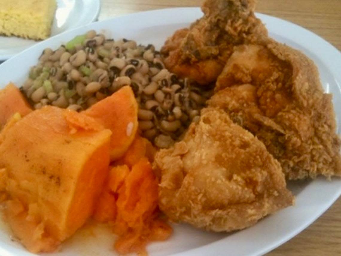 Fried chicken, yams and black-eyed peas at Mrs White’s Golden Rule in Phoenix.