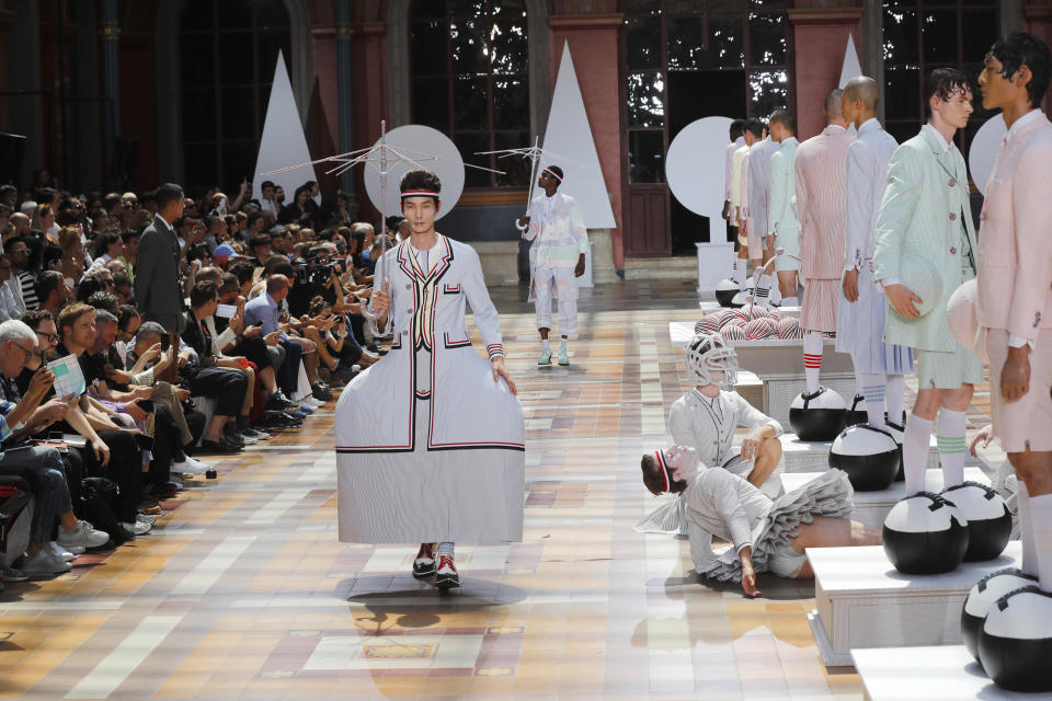 A model wears a creation for the Thom Browne mens Spring-Summer 2020 fashion collection presented in Paris, Saturday, June 22 2019. (AP Photo/Michel Euler)