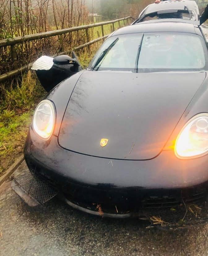 A Porsche driver cheated death by a whisker - when a fence post smashed through his seat just an inch from his head on a country drive.

The driver was a fraction from being impaled when the luxury Boxster sportscar lost control before hitting the fence nearly a wealthy village. 

Eye-witnesses at the scene saw a jagged fence post protruding through the windscreen, above the steering wheel and between the driver's headrest. 

The lucky driver escaped with minor cuts and bruises after the wooden panel missed him by an inch - and a passenger was unscathed.

The crash happened on a country road in Shirenewton, Monmouthshire, on New Year's Eve morning and no other vehicles were involved. 


WALES NEWS SERVICE 


