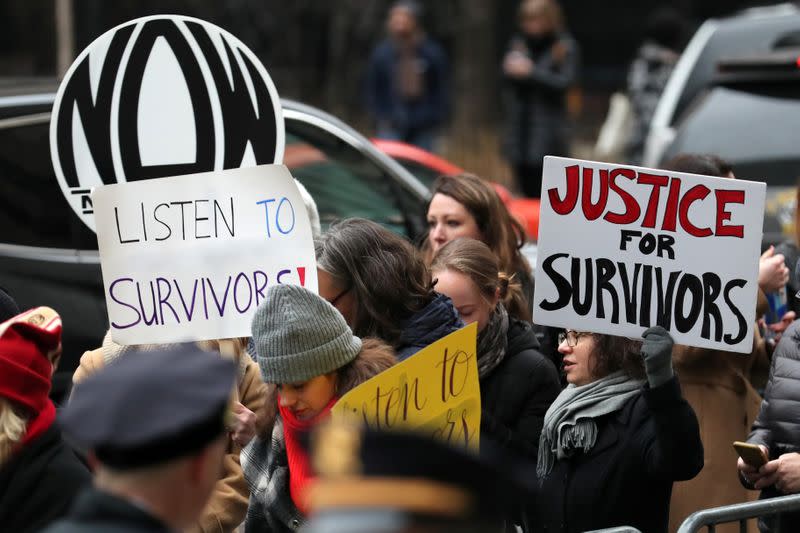 Demonstrators outside court ahead of Film producer Harvey Weinstein's first day of sexual assault trial in New York