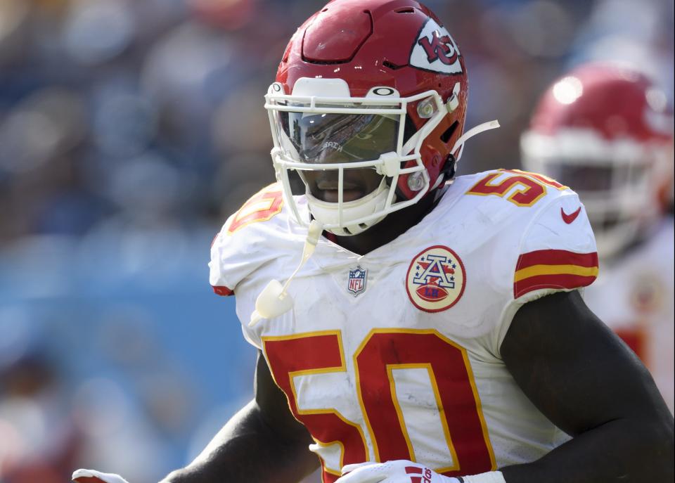 Kansas City Chiefs linebacker <a class="link " href="https://sports.yahoo.com/nfl/players/32733/" data-i13n="sec:content-canvas;subsec:anchor_text;elm:context_link" data-ylk="slk:Willie Gay Jr;sec:content-canvas;subsec:anchor_text;elm:context_link;itc:0">Willie Gay Jr</a>. (50) plays in an NFL football game against the <a class="link " href="https://sports.yahoo.com/nfl/teams/tennessee/" data-i13n="sec:content-canvas;subsec:anchor_text;elm:context_link" data-ylk="slk:Tennessee Titans;sec:content-canvas;subsec:anchor_text;elm:context_link;itc:0">Tennessee Titans</a> on Sunday, Oct. 24, 2021, in Nashville, Tenn. (AP Photo/John Amis)
