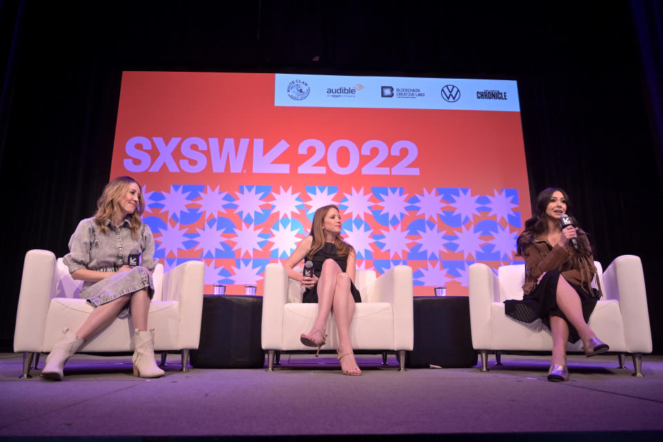 AUSTIN, TEXAS - MARCH 15: (L-R) Julia Cheek, Kate Ryder, and Deena Shakir speak onstage at Women Building and Funding Healthcare Unicorns during the 2022 SXSW Conference and Festivals at Hilton Austin on March 15, 2022 in Austin, Texas. (Photo by Chris Saucedo/Getty Images for SXSW)