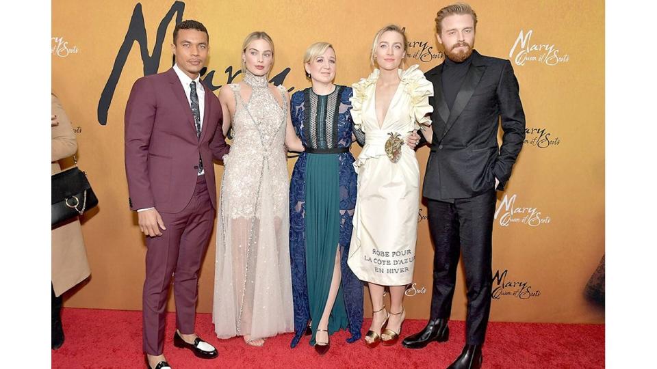 Ismael Cruz Cordova and Margot Robbie, director Josie Rourke, and actors Saoirse Ronan and Jack Lowden at the New York premiere of Mary Queen Of Scots