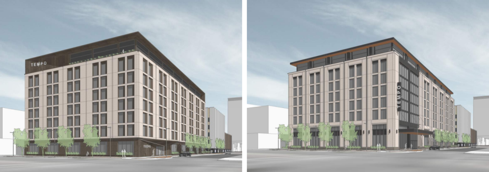 The revised Tempo by Hilton hotel's design (right) has received a city approval after the initial plan (left) was criticized for its "squat appearance."
