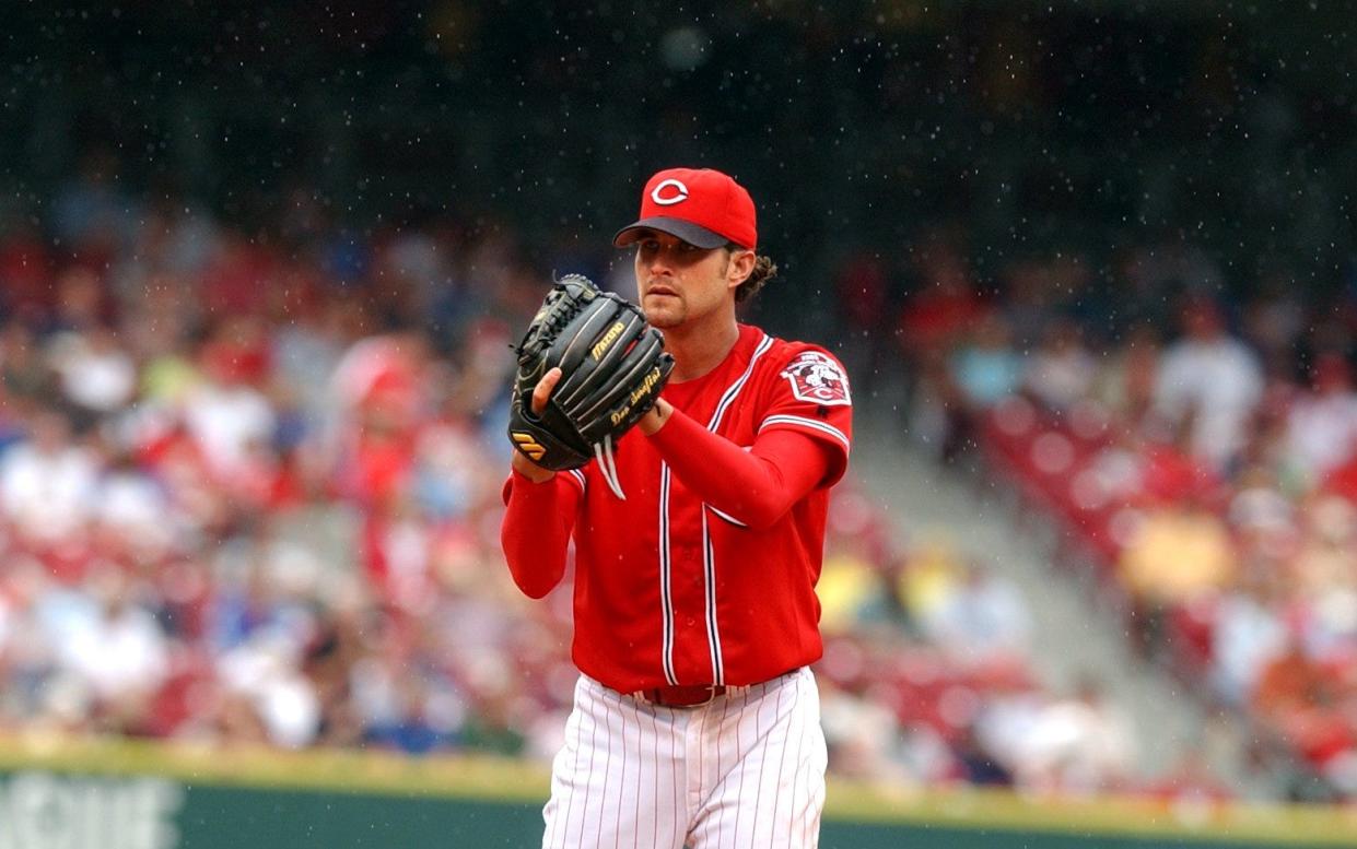 Reds pitcher Danny Serafini pitches in the rain at the Great American Ball Park in the fourth inning on Sunday afternoon Aug. 31, 2003. Serafini was arrested Friday as one of two suspects in a 2021 Lake Tahoe homicide.