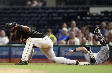 Jun 18, 2018; Pittsburgh, PA, USA; Pittsburgh Pirates first baseman Josh Bell (55) takes a throw to force out Milwaukee Brewers second baseman Eric Sogard (right) during the eighth inning at PNC Park. Pittsburgh won 1-0. Mandatory Credit: Charles LeClaire-USA TODAY Sports