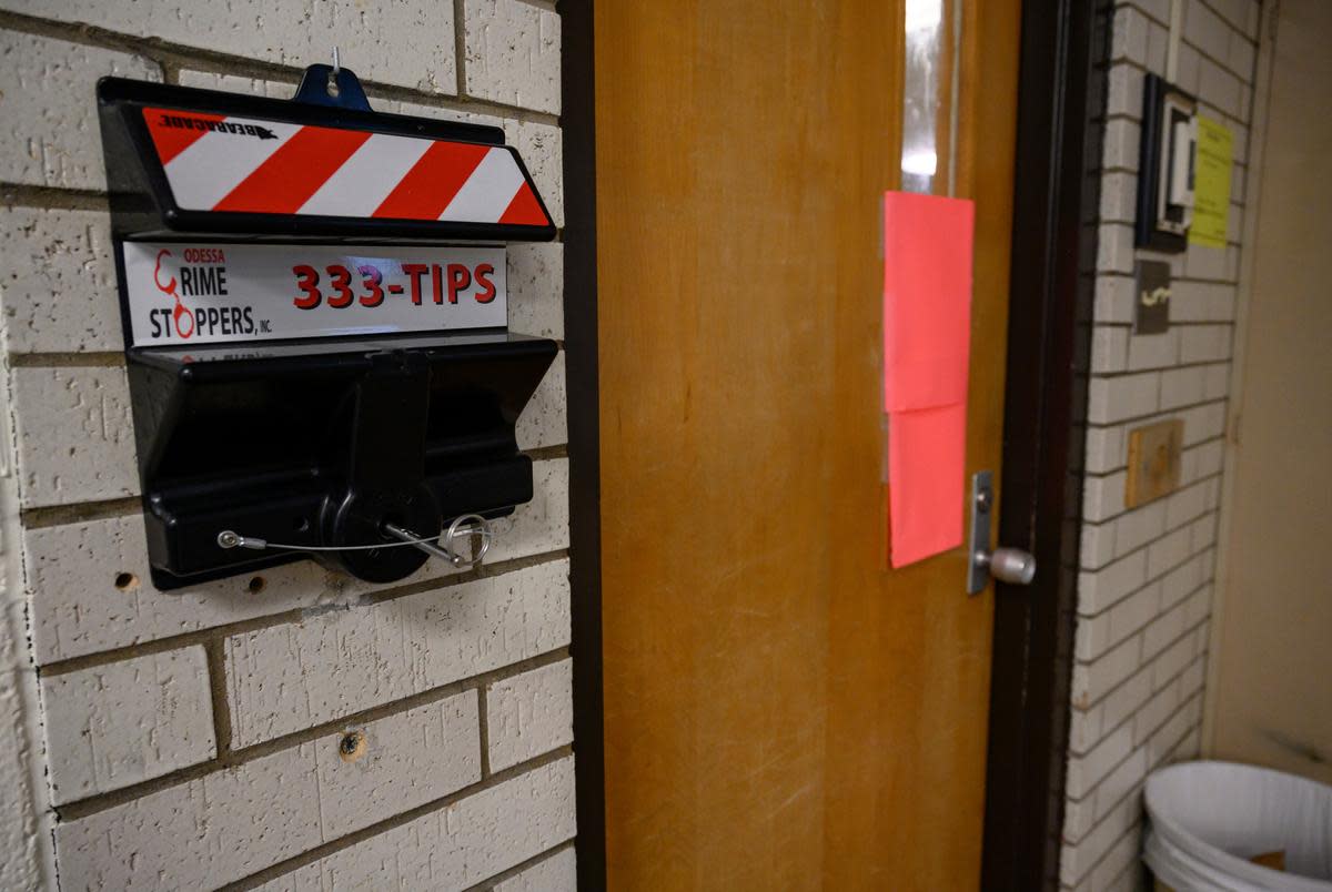 A lockdown device hangs on the wall inside a classroom at Nimitz Middle School Wednesday, Sept. 13, 2023 in Odessa.