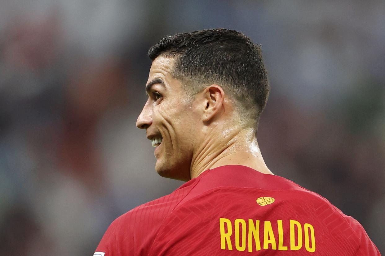 Cristiano Ronaldo of Portugal smiles during the FIFA World Cup Qatar 2022 Group H match between Portugal and Uruguay at Lusail Stadium.