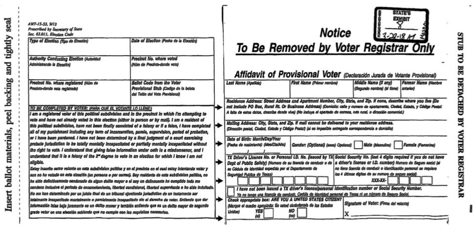 Mason filled out a provisional ballot like this one when she tried to vote in the 2016 election. She said she didn't see the warning on the left side about who was and wasn't eligible to vote. (Photo: )