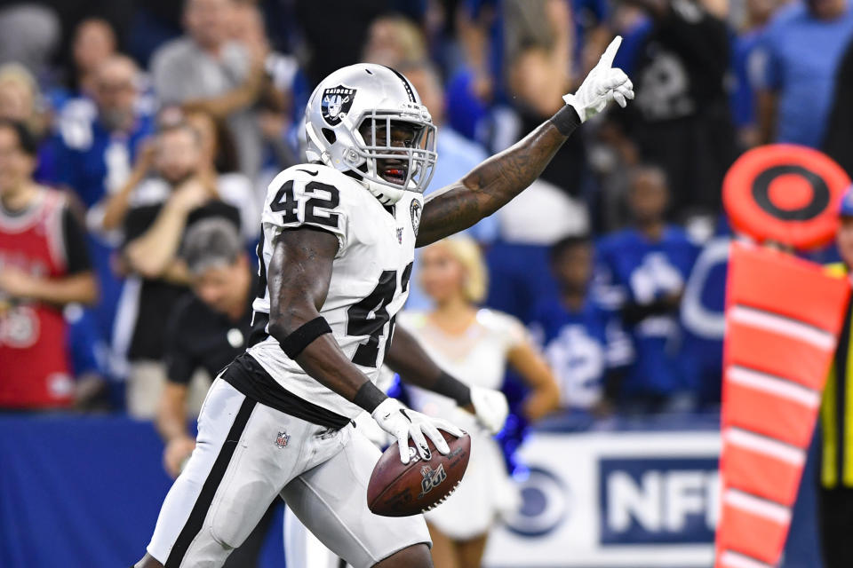 Oakland Raiders free safety Karl Joseph (42) celebrates a fumble recovery against the Indianapolis Colts during the first half of an NFL football game in Indianapolis, Sunday, Sept. 29, 2019. (AP Photo/Doug McSchooler)