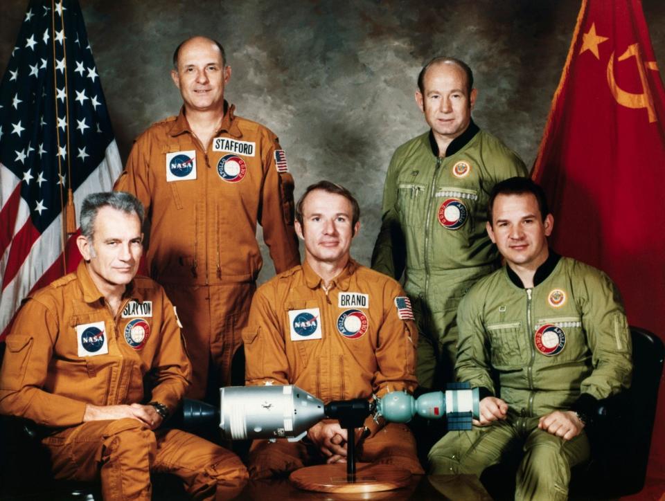 1975 joint Apollo-Soyuz mission crew: Stafford, rear left, with Leonov, rear right;  front row, left to right, Donald Slayton, Vance Brand and Valery Kubasov