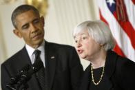 U.S. President Barack Obama (L) looks on after announcing his nomination of Janet Yellen (R) to head the Federal Reserve at the White House in Washington October 9, 2013. U.S Federal Reserve Vice Chair Yellen said on Wednesday she would do her utmost to promote maximum employment, stable prices, and a strong and stable financial system if she is confirmed by the U.S. Senate to run the central bank.The nomination puts Yellen on course to be the first woman to lead the institution in its 100-year history. REUTERS/Jonathan Ernst