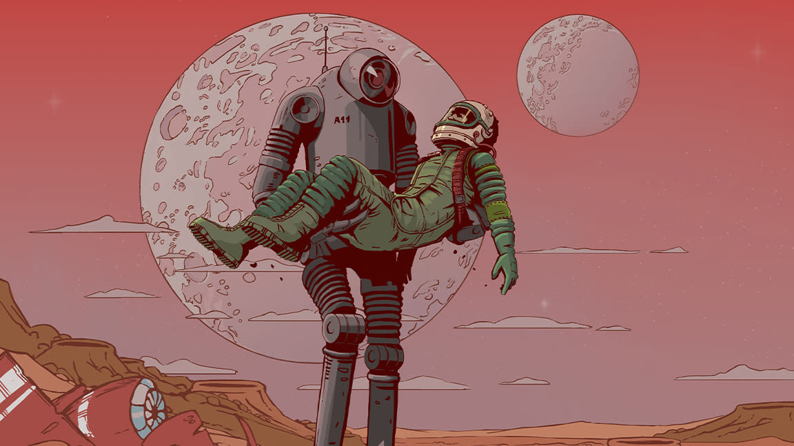  Making The Invincible; a 1950s robot carries an astronaut over a red planet's sandy surface. 