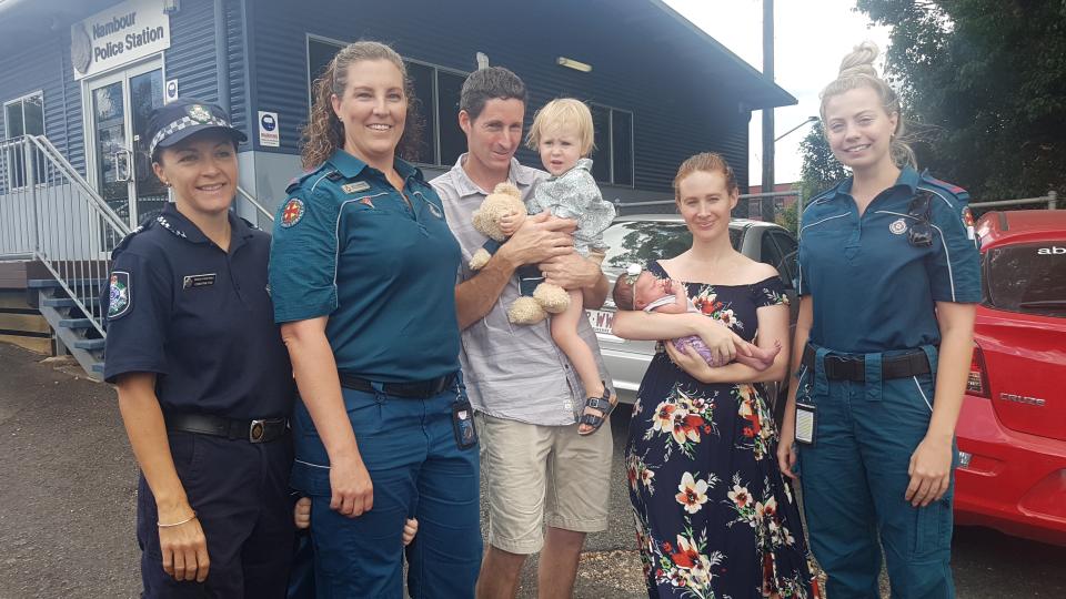 Luke and Aimee, along with baby Ayla and their 1-year-old son Bhodi, were reunited with emergency crews who helped last Monday. Source: Queensland Police