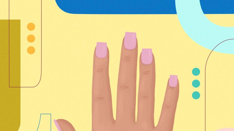 Illustration of a hand with square pink nails against a yellow background