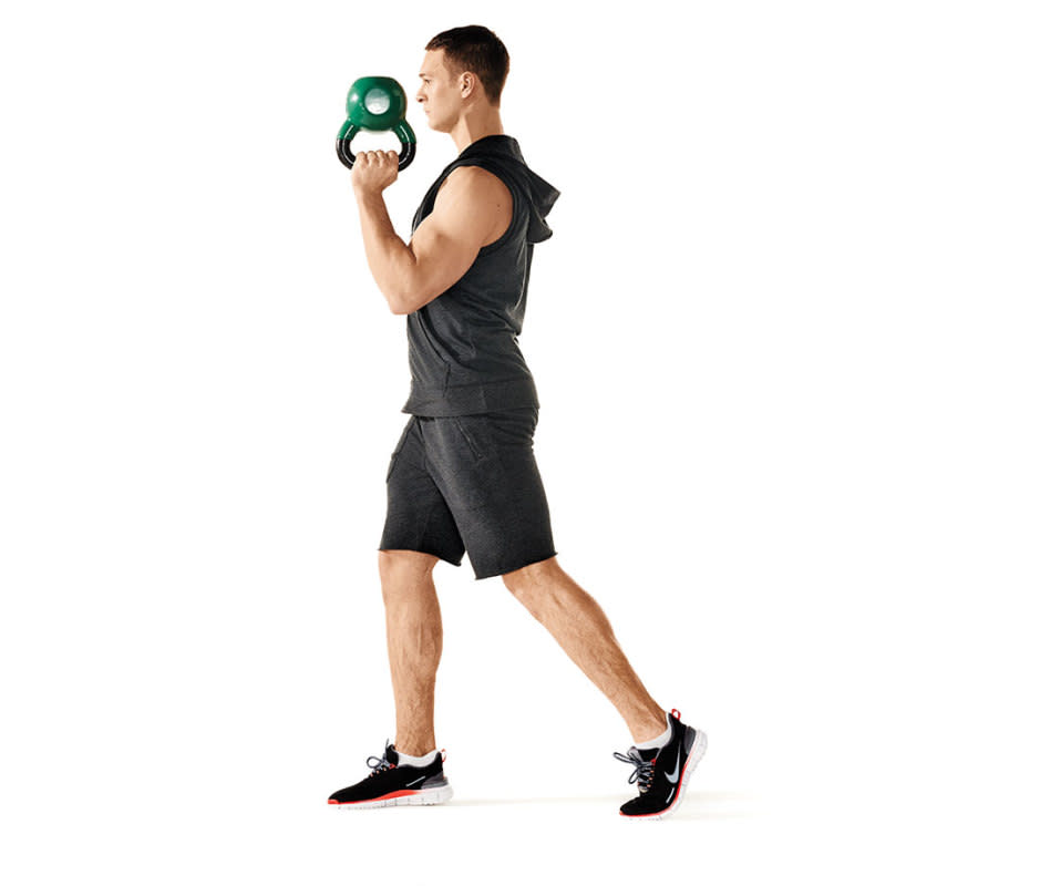 How to do it:<ul><li>Grab a dumbbell or kettlebell in one hand and hold it either overhead or with your elbow bent so it's near your face.</li><li>Keep your shoulder blades pulled down and back, and your wrist straight.</li><li>Fire your glutes as you walk 10 yards out and 10 yards back.</li><li>Switch hands and repeat.</li></ul>