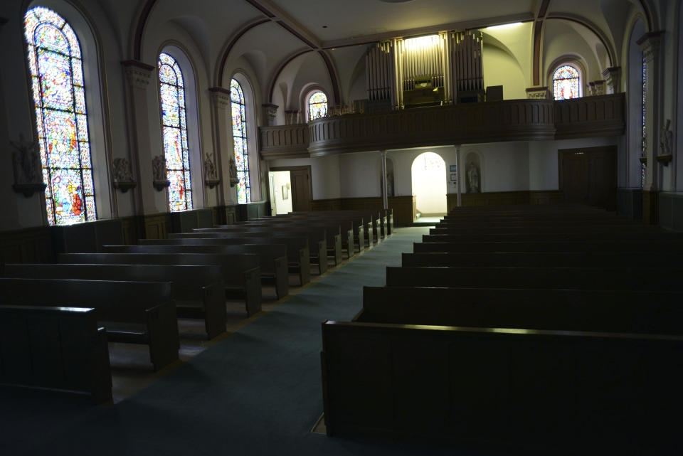 This Sept. 17, 2015 photo shows the chapel at the Institute of Notre Dame in Baltimore. Catholic schools have faced tough times for years, but the pace of closures is accelerating dramatically amid economic fallout from the coronavirus pandemic in 2020. The school, founded in 1847, is due to close on June 30, 2020. House Speaker Nancy Pelosi is an alumna. (Nicole Munchel/The Baltimore Sun via AP)