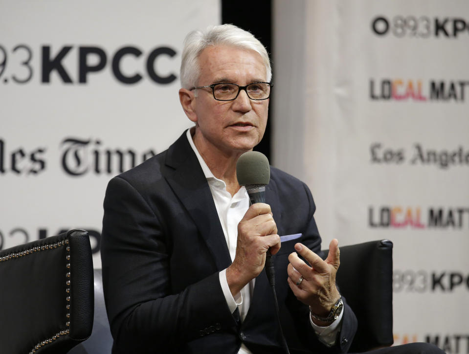 FILE - In this Jan. 29, 2020, file photo, former San Francisco District Attorney George Gascon participates at the L.A. district attorney candidates' debate in Los Angeles. Jackie Lacey, the two-term incumbent L.A. district attorney who is the first woman and Black person to run the nation’s largest prosecutor’s office, finds herself in the political fight of her life against Gascon, a white former police officer supported by Black Lives Matter and running on a criminal justice reform platform. (AP Photo/Damian Dovarganes, File)