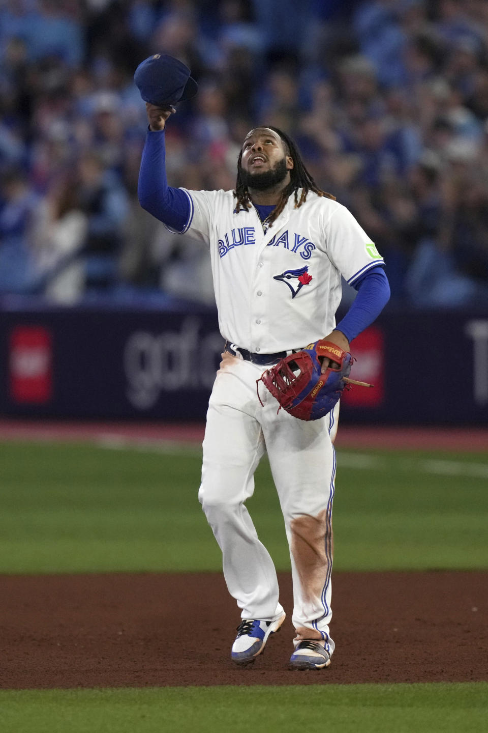 Toronto Blue Jays first baseman Vladimir Guerrero Jr. celebrates the team's 11-4 win over Tampa Bay Rays in a baseball game Friday, Sept. 29, 2023, in Toronto. (Chris Young/The Canadian Press via AP)