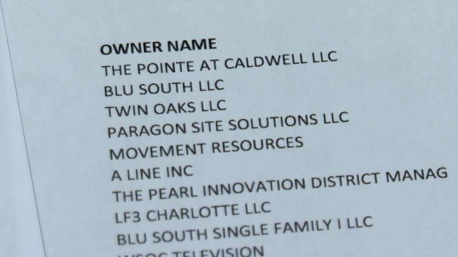 A list of companies owing the most in delinquent taxes in Mecklenburg County.