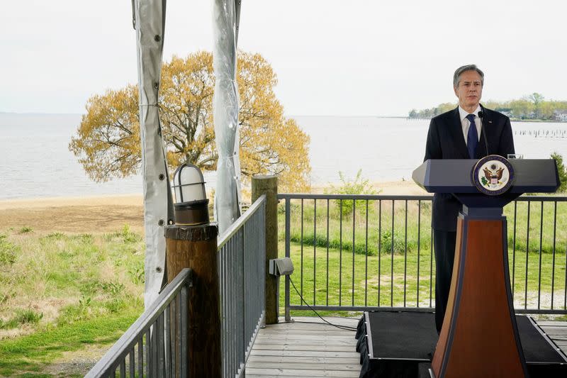 U.S. Secretary of State Antony Blinken speaks about climate change at the Chesapeake Bay Foundation in Annapolis, Maryland