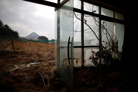 Ruined entrance of the abandoned Alps Ski Resort is seen near the demilitarised zone separating the two Koreas in Goseong, South Korea, January 17, 2018. REUTERS/Kim Hong-Ji