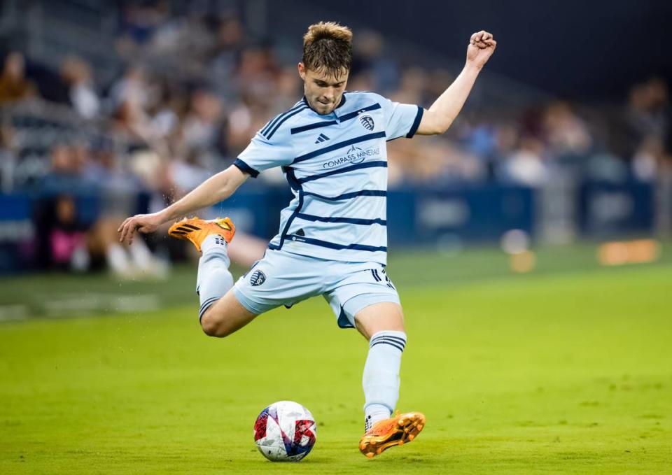 Sporting Kansas City midfielder Jake Davis (17) crosses the ball during the second half against Tulsa Athletic at Children’s Mercy Park on April 25, 2023. Jay Biggerstaff/USA TODAY Sports